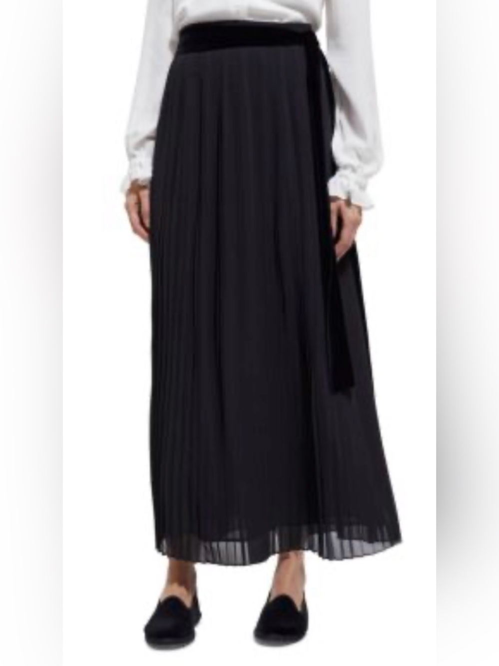 The Kooples $295 NWT Black Pleated Maxi Skirt with Velvet Belt, Size XL